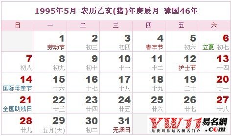 1995年5月農(nóng)歷表,1995年5月日歷表